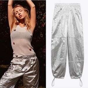 New Zara Shiny Metallic Silver Parachute Mid Rise Pants Trousers 8338/405 NWT XS